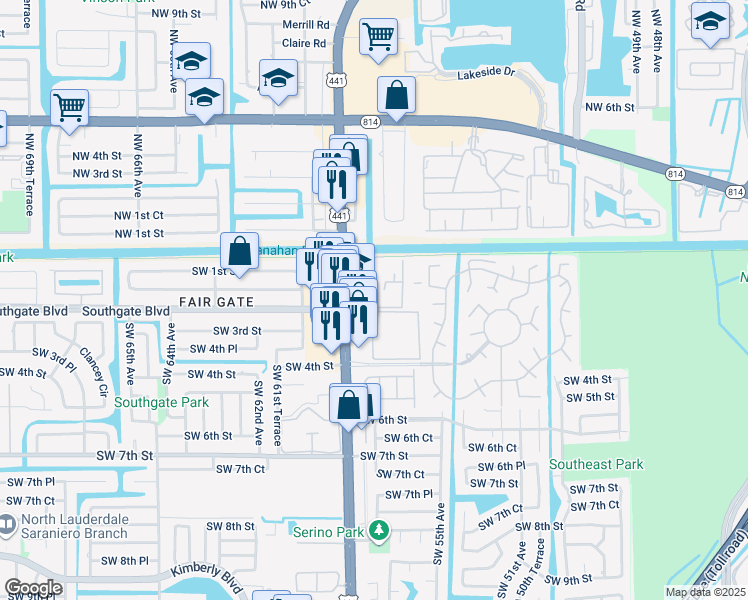 map of restaurants, bars, coffee shops, grocery stores, and more near 260 Southwest 56th Terrace in Margate