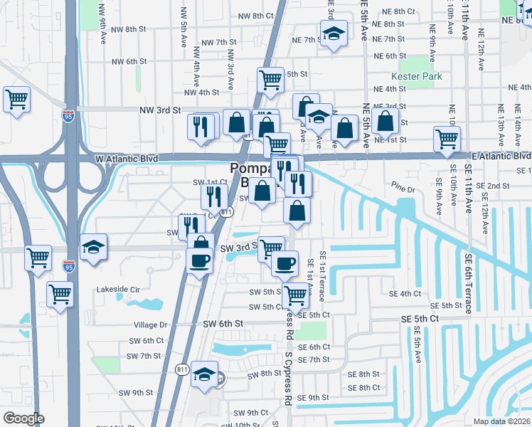 map of restaurants, bars, coffee shops, grocery stores, and more near 253 South Cypress Road in Pompano Beach