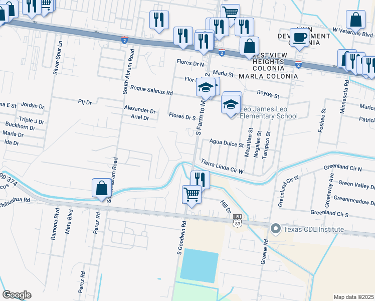 map of restaurants, bars, coffee shops, grocery stores, and more near 2005 Agua Dulce Street in Palmview