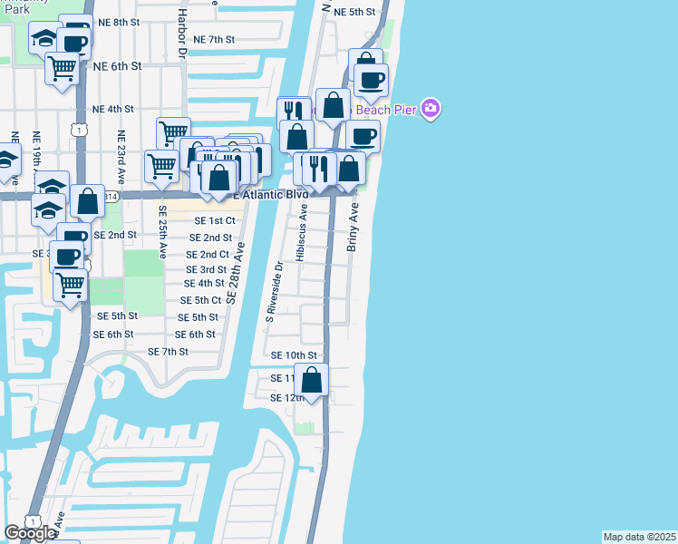 map of restaurants, bars, coffee shops, grocery stores, and more near 401 Briny Avenue in Pompano Beach