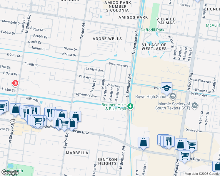 map of restaurants, bars, coffee shops, grocery stores, and more near 4608 Upas Avenue in McAllen