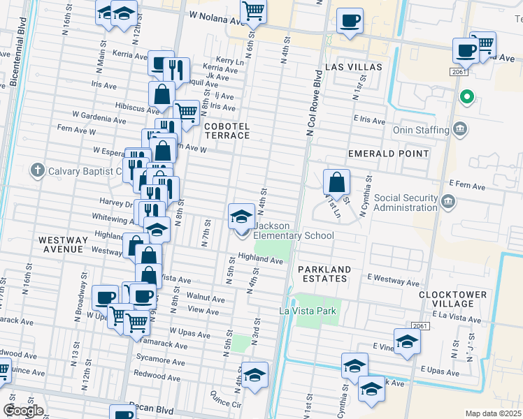 map of restaurants, bars, coffee shops, grocery stores, and more near 706 West Camellia Avenue in McAllen