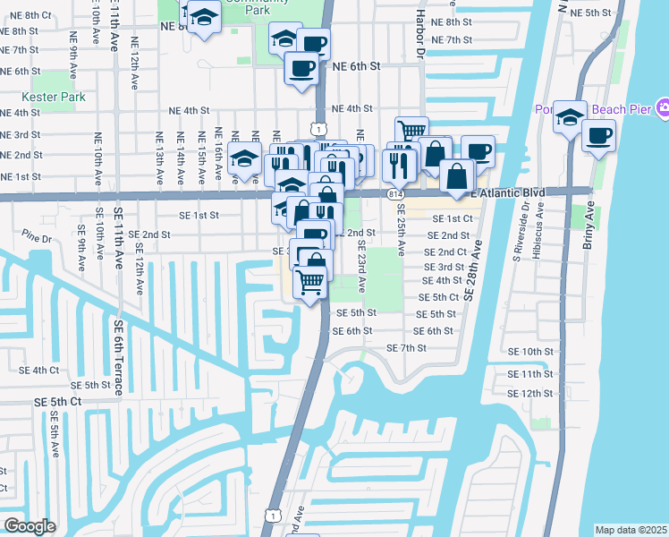 map of restaurants, bars, coffee shops, grocery stores, and more near 300-302 Northeast 22nd Avenue in Pompano Beach
