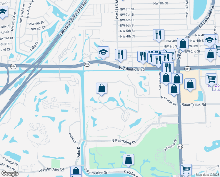 map of restaurants, bars, coffee shops, grocery stores, and more near 3091 North Course Drive in Pompano Beach