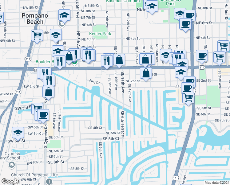 map of restaurants, bars, coffee shops, grocery stores, and more near 301 Southeast 10th Avenue in Pompano Beach