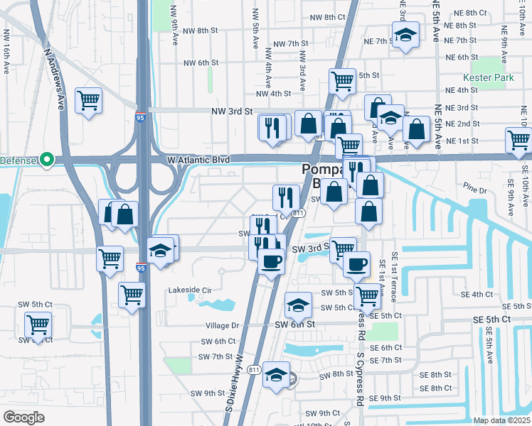 map of restaurants, bars, coffee shops, grocery stores, and more near 302 Southwest 2nd Street in Pompano Beach