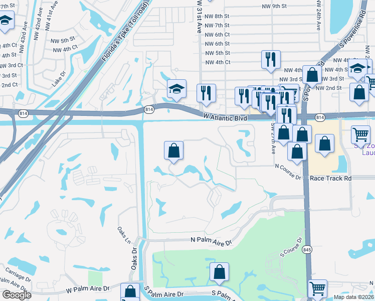 map of restaurants, bars, coffee shops, grocery stores, and more near 3091 North Course Drive in Pompano Beach