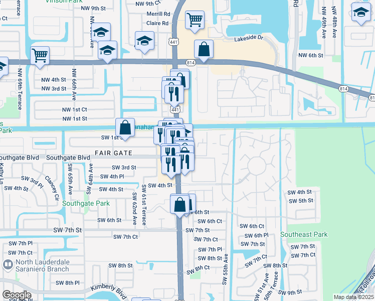 map of restaurants, bars, coffee shops, grocery stores, and more near 260 Southwest 56th Terrace in Margate