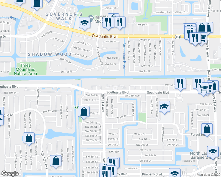 map of restaurants, bars, coffee shops, grocery stores, and more near 8061 Southgate Boulevard in North Lauderdale