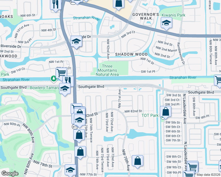 map of restaurants, bars, coffee shops, grocery stores, and more near 7102 Southgate Boulevard in Tamarac