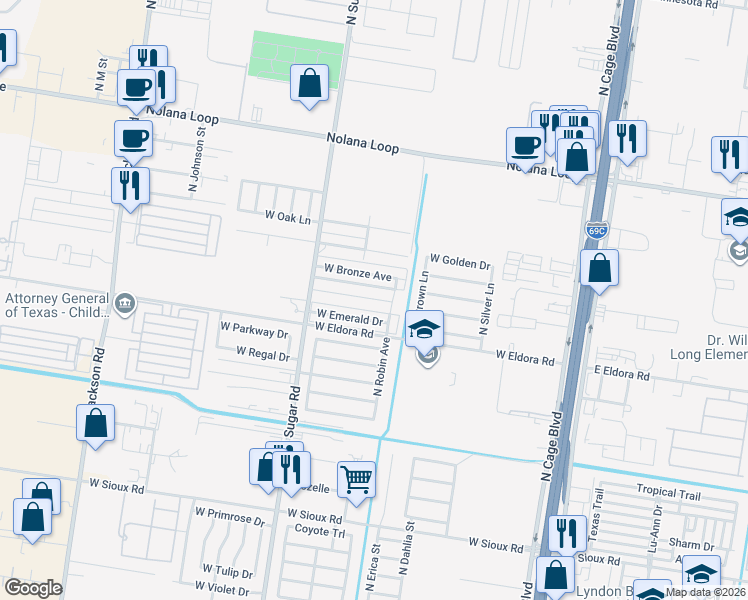 map of restaurants, bars, coffee shops, grocery stores, and more near 705 West Bronze Drive in Pharr