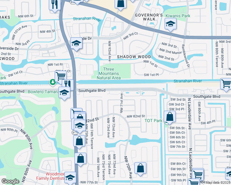 map of restaurants, bars, coffee shops, grocery stores, and more near 7102 Southgate Boulevard in Tamarac