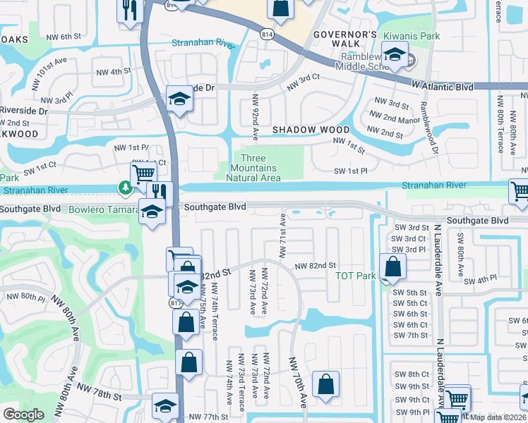 map of restaurants, bars, coffee shops, grocery stores, and more near 7102 Southgate Boulevard in Tamarac