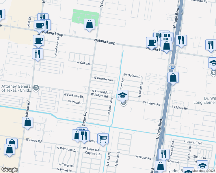 map of restaurants, bars, coffee shops, grocery stores, and more near 705 West Bronze Drive in Pharr
