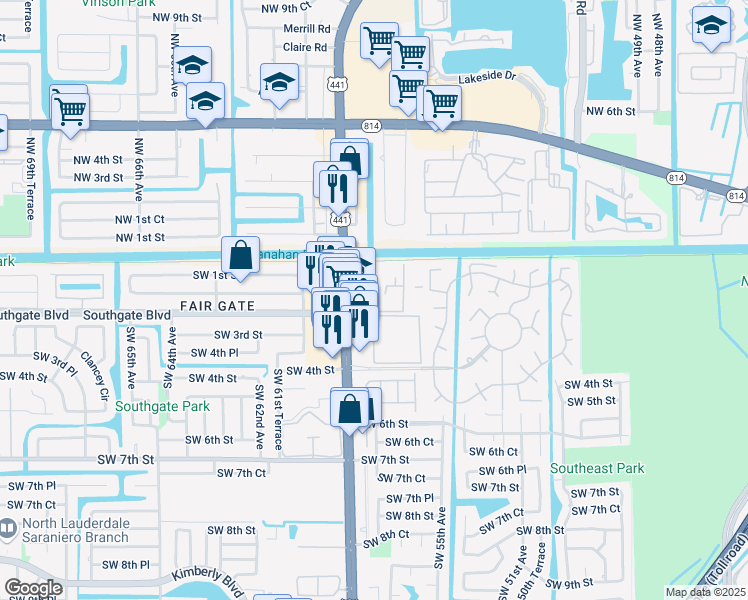 map of restaurants, bars, coffee shops, grocery stores, and more near 260 Southwest 56th Terrace in Margate