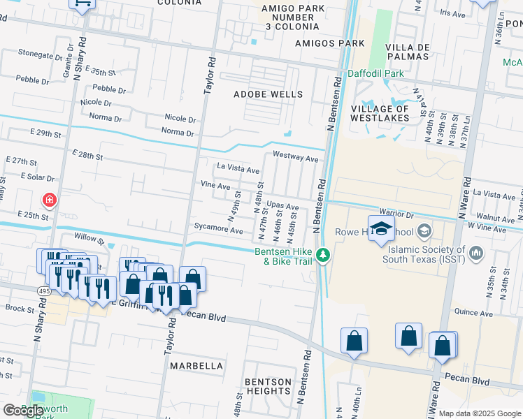 map of restaurants, bars, coffee shops, grocery stores, and more near 2106 North 48th Lane in McAllen