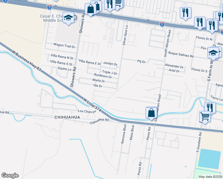 map of restaurants, bars, coffee shops, grocery stores, and more near 3318 Ida Drive in Palmview