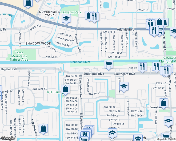 map of restaurants, bars, coffee shops, grocery stores, and more near 8001 Southgate Boulevard in North Lauderdale