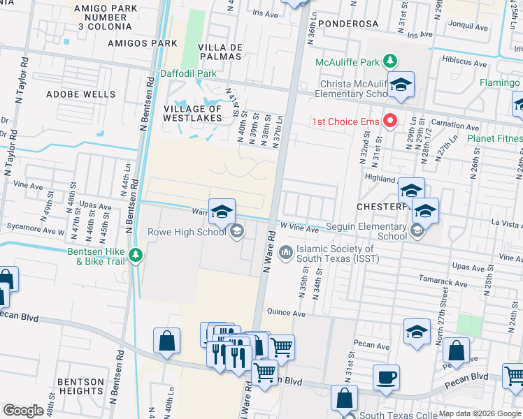 map of restaurants, bars, coffee shops, grocery stores, and more near 2314 North 37th Lane in McAllen
