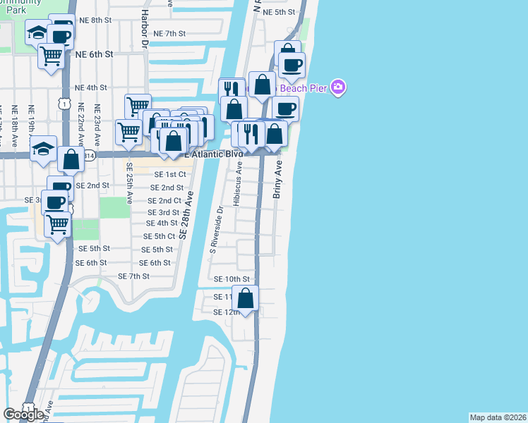 map of restaurants, bars, coffee shops, grocery stores, and more near 2 Southeast 4th Street in Pompano Beach