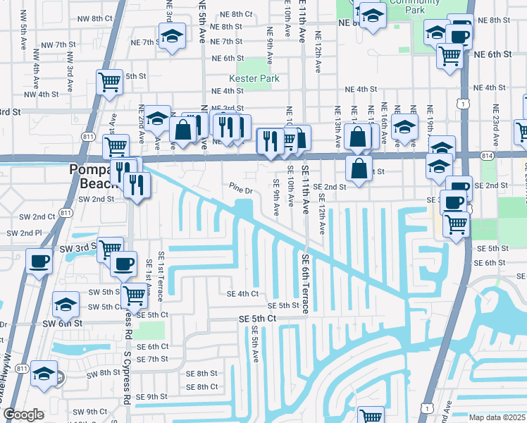 map of restaurants, bars, coffee shops, grocery stores, and more near 801 Pine Drive in Pompano Beach