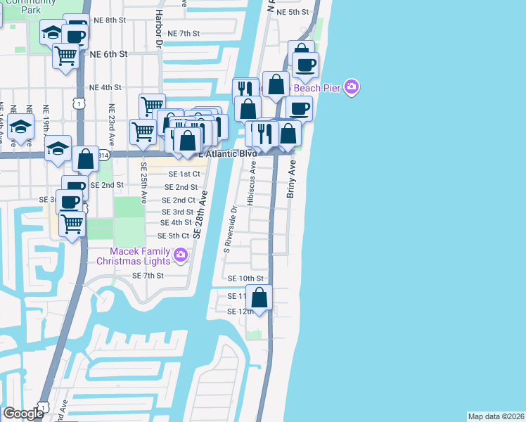 map of restaurants, bars, coffee shops, grocery stores, and more near 2 Southeast 4th Street in Pompano Beach