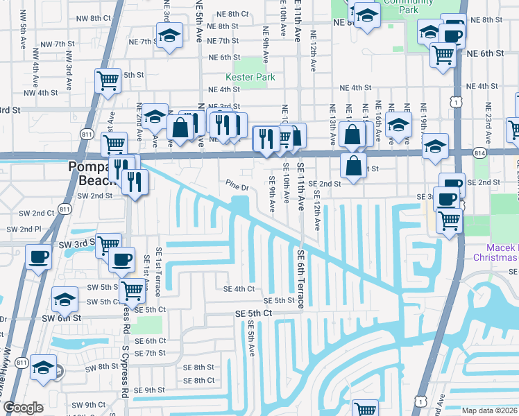 map of restaurants, bars, coffee shops, grocery stores, and more near 801 Pine Drive in Pompano Beach