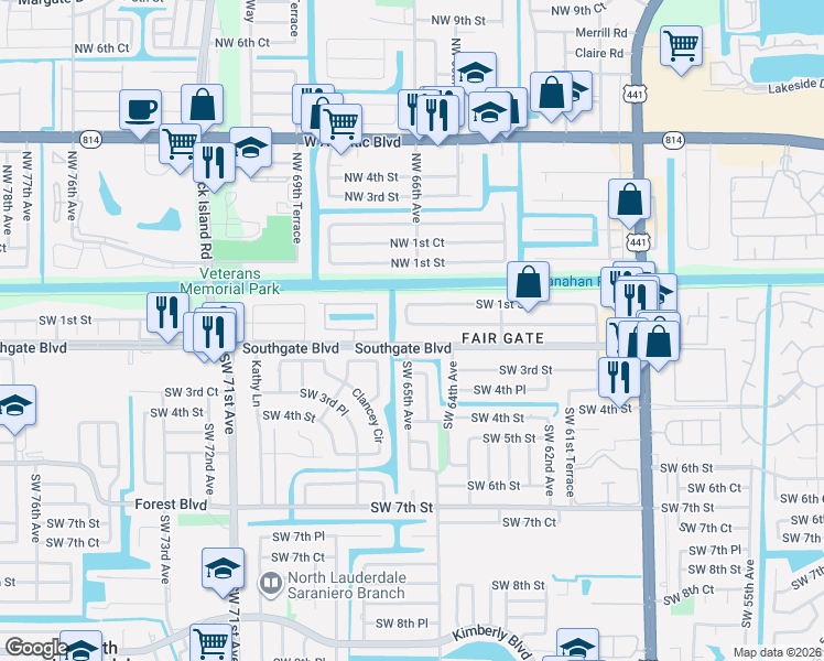 map of restaurants, bars, coffee shops, grocery stores, and more near 181 Southwest 65th Avenue in Margate