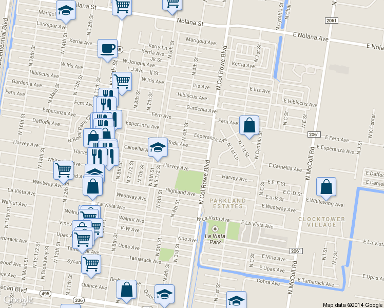 map of restaurants, bars, coffee shops, grocery stores, and more near 311 West Daffodil Avenue in McAllen