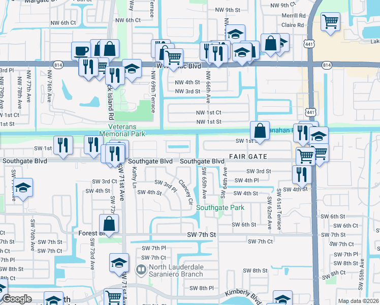 map of restaurants, bars, coffee shops, grocery stores, and more near 6609 South Parkway Drive in Margate