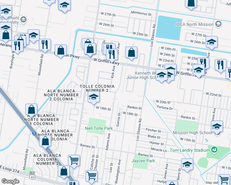 map of restaurants, bars, coffee shops, grocery stores, and more near 3506 Adams Street in Mission