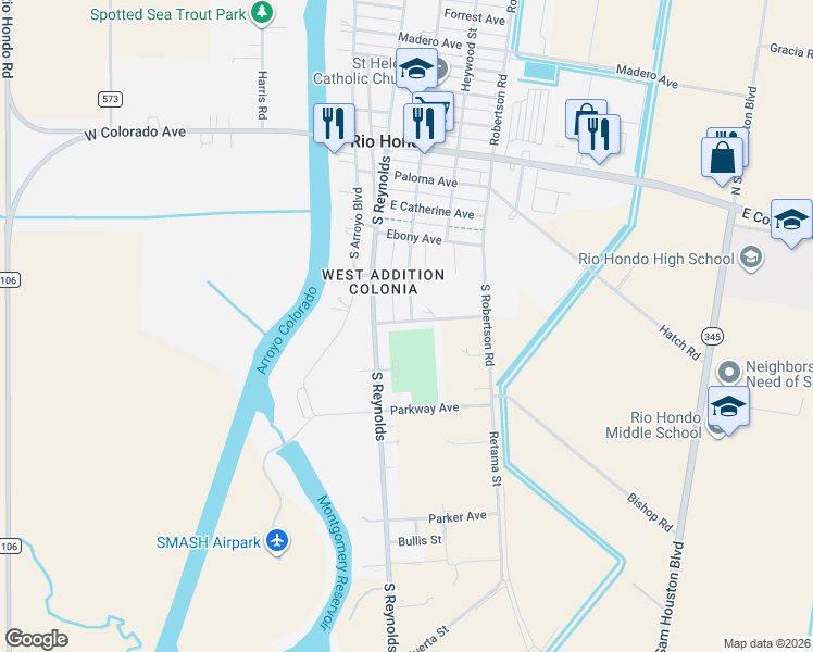 map of restaurants, bars, coffee shops, grocery stores, and more near 301 Kindengern St in Rio Hondo
