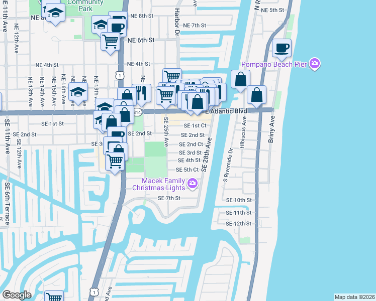 map of restaurants, bars, coffee shops, grocery stores, and more near 2660 Southeast 2nd Court in Pompano Beach