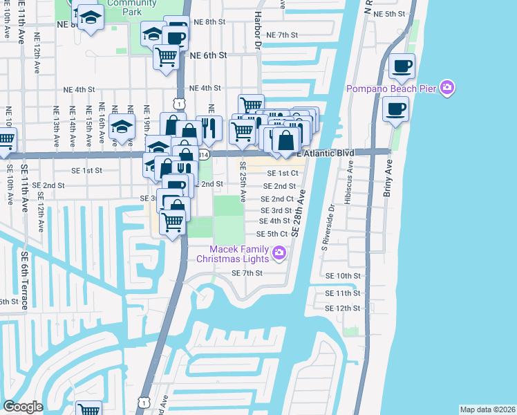 map of restaurants, bars, coffee shops, grocery stores, and more near 2520 Southeast 2nd Court in Pompano Beach