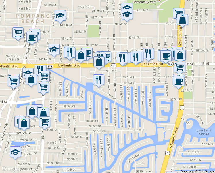 map of restaurants, bars, coffee shops, grocery stores, and more near 301 Southeast 10th Avenue in Pompano Beach