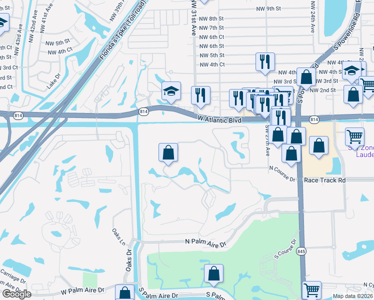 map of restaurants, bars, coffee shops, grocery stores, and more near 3091 North Course Drive in Pompano Beach