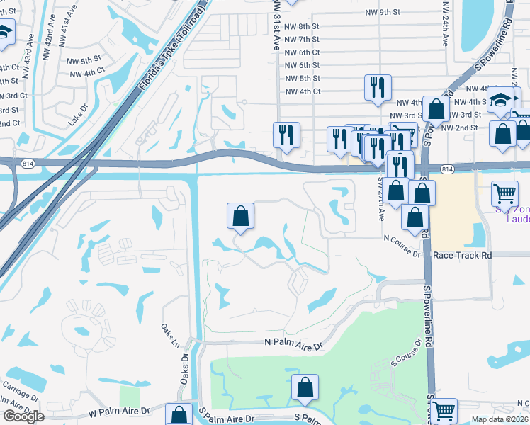 map of restaurants, bars, coffee shops, grocery stores, and more near 3091 North Course Drive in Pompano Beach