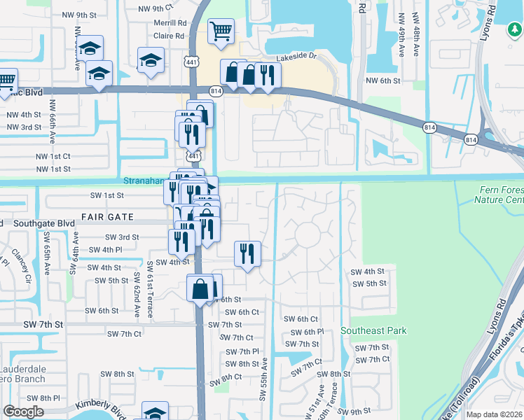 map of restaurants, bars, coffee shops, grocery stores, and more near 232 North Cortez Drive in Margate