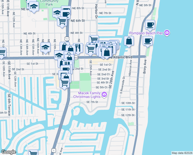 map of restaurants, bars, coffee shops, grocery stores, and more near 2520 Southeast 2nd Court in Pompano Beach