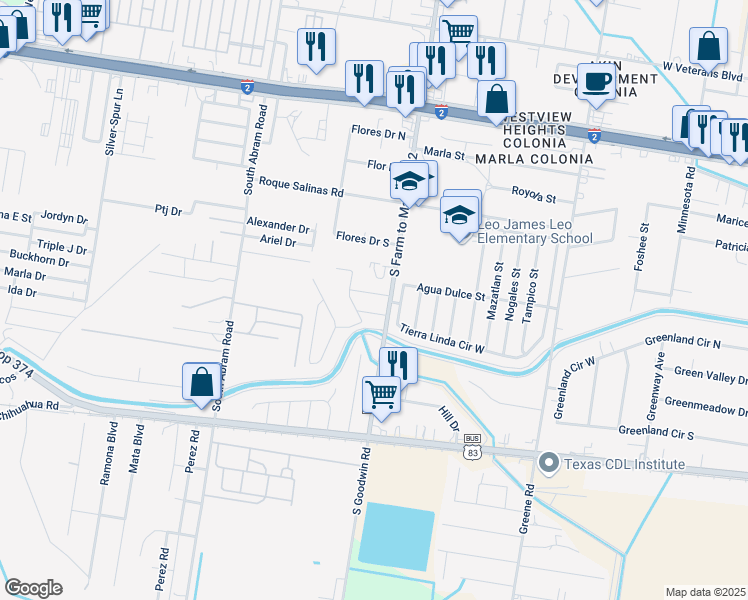 map of restaurants, bars, coffee shops, grocery stores, and more near 2005 Agua Dulce Street in Palmview