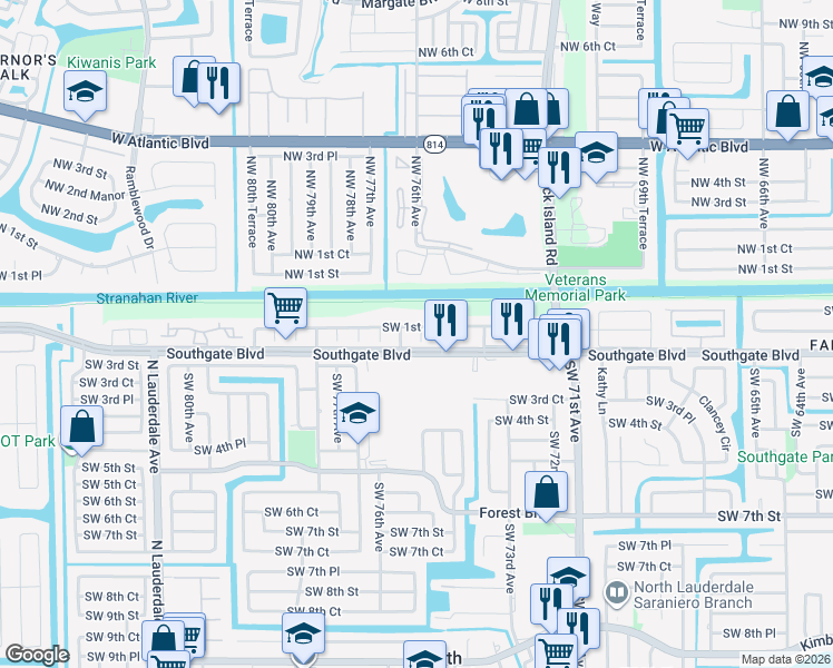 map of restaurants, bars, coffee shops, grocery stores, and more near 7520 Southwest 1st Street in Margate