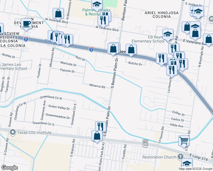 map of restaurants, bars, coffee shops, grocery stores, and more near 104 Minerva Road in Palmview