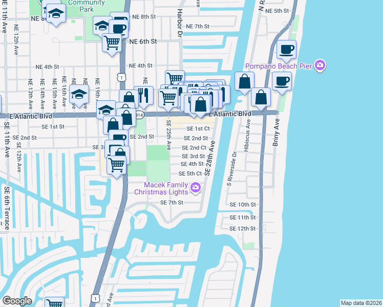 map of restaurants, bars, coffee shops, grocery stores, and more near 2660 Southeast 2nd Court in Pompano Beach