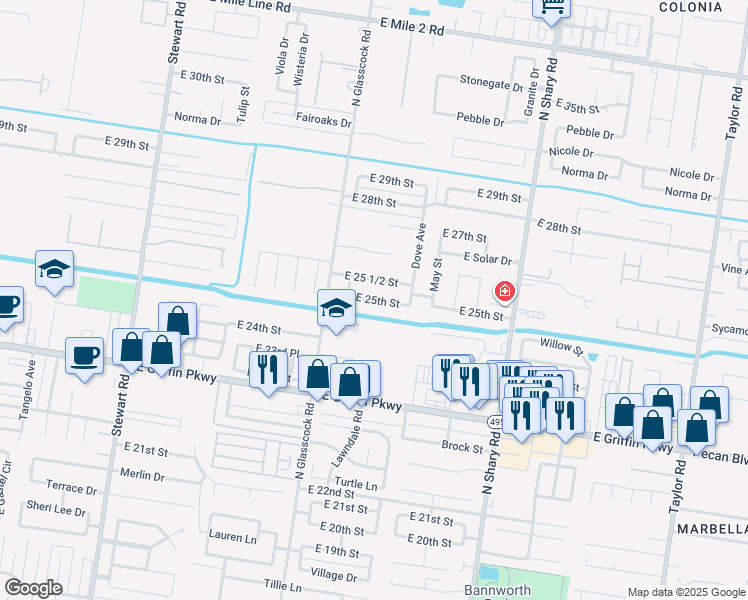 map of restaurants, bars, coffee shops, grocery stores, and more near 2105 East 25th Street in Mission