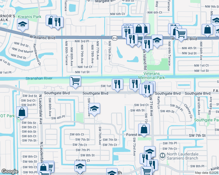 map of restaurants, bars, coffee shops, grocery stores, and more near 7520 Southwest 1st Street in Margate