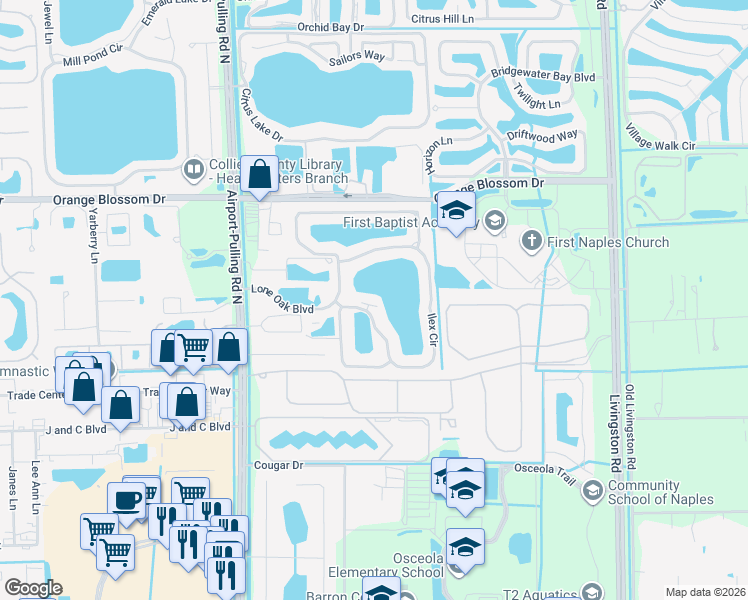 map of restaurants, bars, coffee shops, grocery stores, and more near 6660 Ilex Circle in Naples