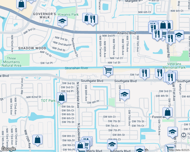 map of restaurants, bars, coffee shops, grocery stores, and more near 7901 Southgate Boulevard in North Lauderdale