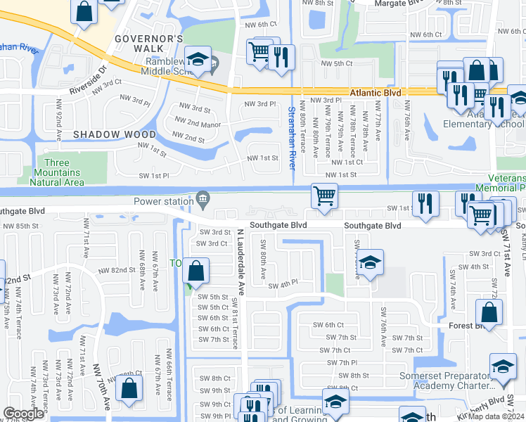 map of restaurants, bars, coffee shops, grocery stores, and more near 8001 Southgate Boulevard in North Lauderdale