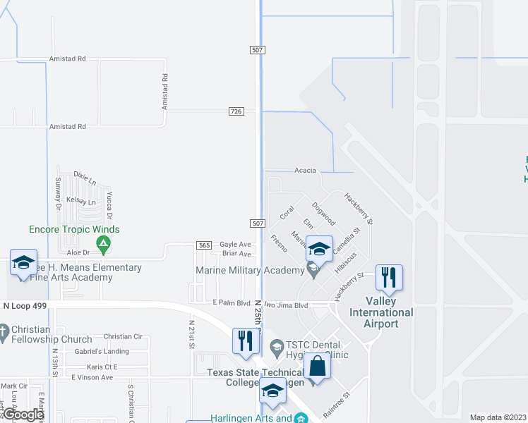 map of restaurants, bars, coffee shops, grocery stores, and more near North Willow in Harlingen