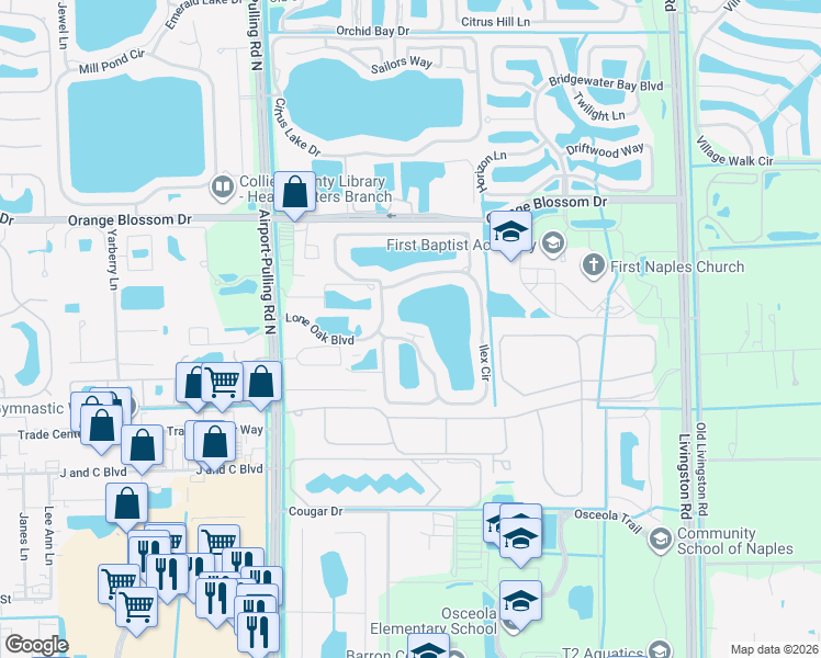 map of restaurants, bars, coffee shops, grocery stores, and more near 6650 Ilex Circle in Naples
